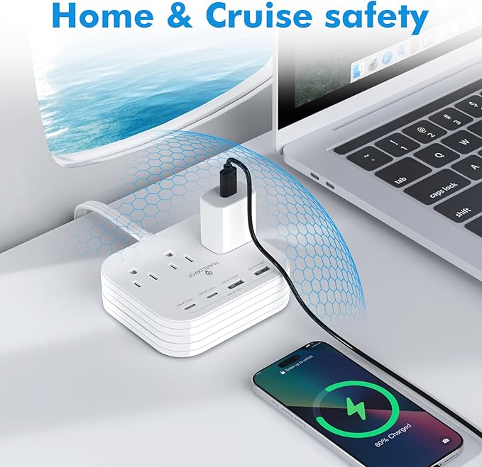 Cruise Essentials Flat Plug Power Strip, Durable 5 ft Extension Cord w/ 3 Outlets Extender & Built-In Type C Cable, 2 USB & 2 USB-C Ports, No Surge Protector for Cruise Travel, Dorm, Home