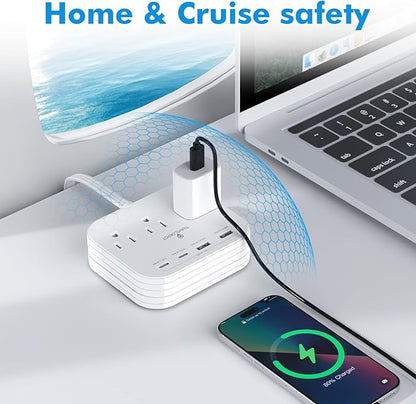 Cruise Essentials Flat Plug Power Strip, Durable 5 ft Extension Cord w/ 3 Outlets Extender & Built-In Type C Cable, 2 USB & 2 USB-C Ports, No Surge Protector for Cruise Travel, Dorm, Home