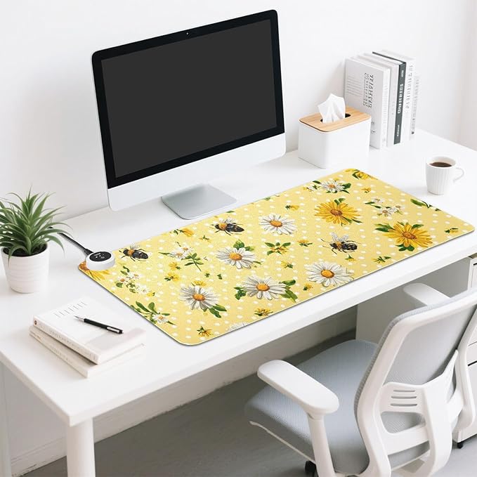 Heated Desk Pad Mouse Pad 31.5x13 Inch PU Leather Desk Mat with 3 Heat Levels Large Mouse Gaming Computer Laptop Mat Yellow Dot Bee and Daisy