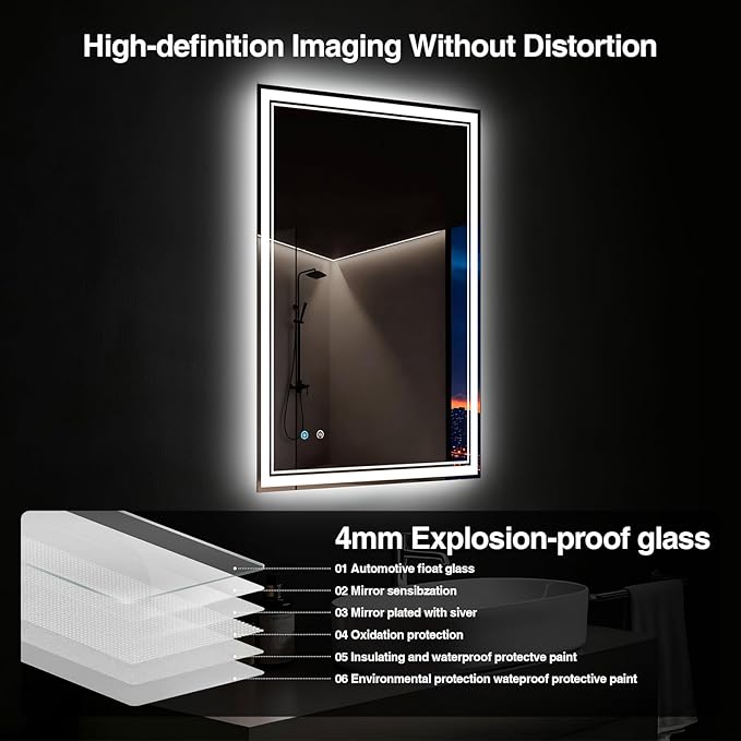 20"x28" LED Bathroom Mirror with Anti-Fog, Dimmable Backlit + Front Lit, 3 Colors LED Bathroom Vanity Mirror for Wall, Memory Function, Shatter-Proof Glass, ETL Listed(NHYJ5722D-NA)