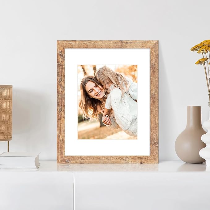 iRahmen 11x14 Picture Frame Set of 4 with Tempered Glass, Rustic Brown Frame Display 8x10 Pictures with Mat or 11 x 14 Without Mat, Wooden Photo Frames for Wall Mounting