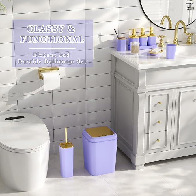Bathroom Accessory Set, 11PC Bathroom Set, Purple Bathroom Accessories, Bathroom Accessories Set with Trash Can, 3PC Soap Dispensers and Toilet Brush
