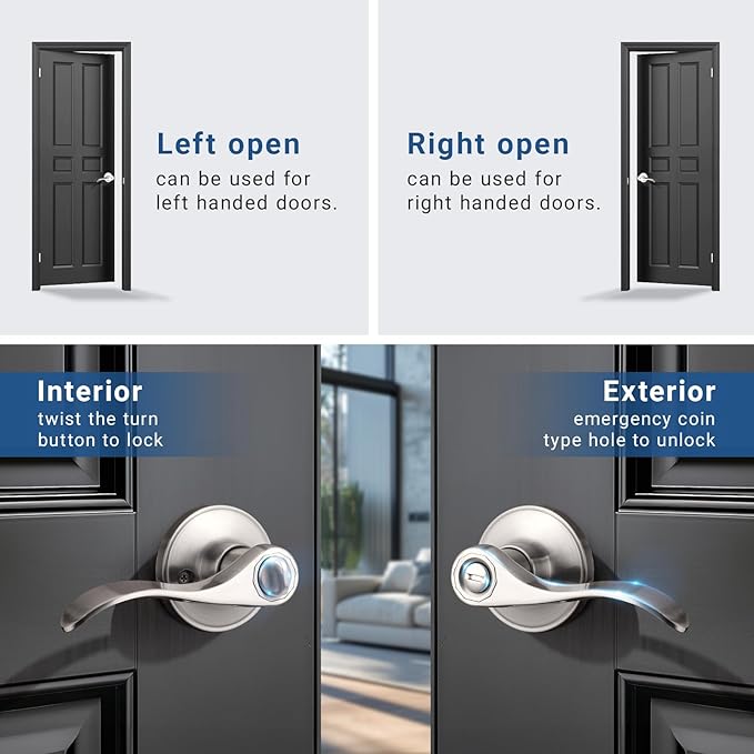 Knobonly 4 Pack Brushed Nickel Interior Door Handle, Bedroom Door Locks, Bathroom Door Handles with Lock, Lever Door Handle Locksets