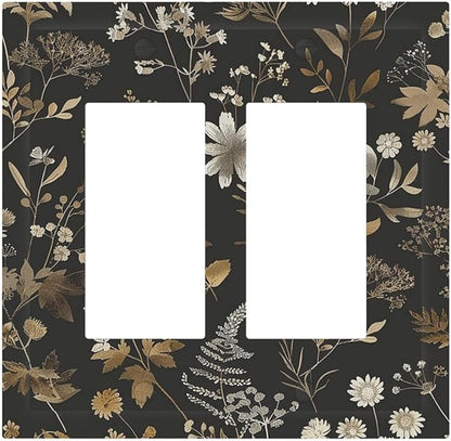 Decorative Outlet Covers Black Gold Floral Dark Leaves Vintage Flowers 2 Gang Double GFCI Rocker Electrical Wall Panels Light Switch Cover Plate for Bed Room Home Decor