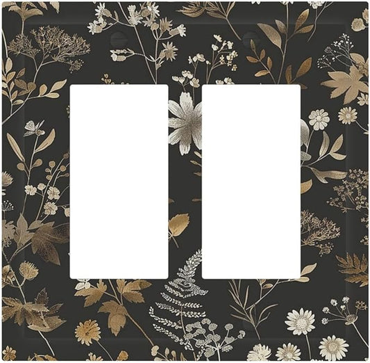 Decorative Outlet Covers Black Gold Floral Dark Leaves Vintage Flowers 2 Gang Double GFCI Rocker Electrical Wall Panels Light Switch Cover Plate for Bed Room Home Decor
