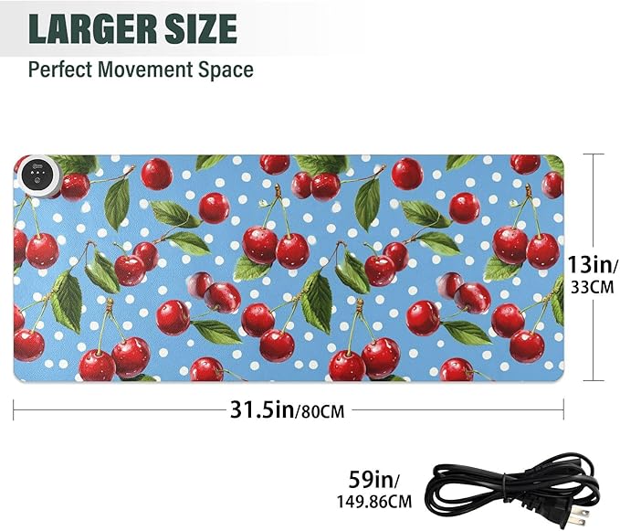 Heated Desk Pad Mouse Pad 31.5x13 Inch PU Leather Desk Mat with 3 Heat Levels Large Mouse Gaming Computer Laptop Mat Blue Dots Red Cherry