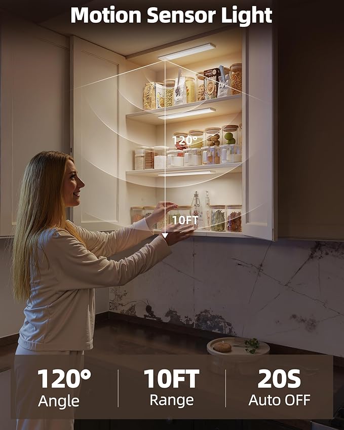 6Pack 16inch Under Cabinet Lighting, Rechargeable Motion Sensor Light Wireless Indoor, Dimmable 3 Color Temps Closet Lights with Remote, Under Counter LED Lights for Kitchen, Stairs