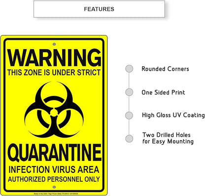 Details About This Zone is Under Strict Quarantine Infection Disease Area Display Warning Notice Outdoor Unique Aluminum Metal Sign 8"x12"