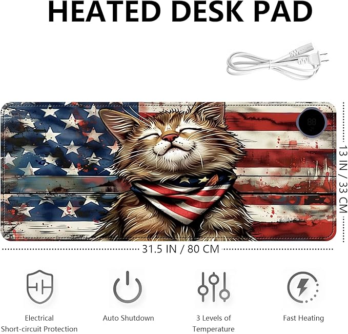 Heated Mouse Pad with 3 Levels Heated & 3 Hours Auto Shut-Off Mouse Pad for Warming Hands in Office Home, 31.5" x 13"Large Safe Desk Mat Hand Warmer，Flag Cute Cat