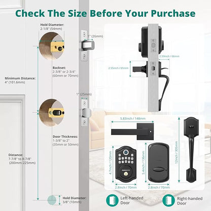 DS10 Pro Keyless Entry Door Lock with Handle Set, Smart Front Door Locks Set, Electronic Keypad, Fingerprint Deadbolt, Bluetooth APP Control, Auto-Lock & One Touch Locking, Black