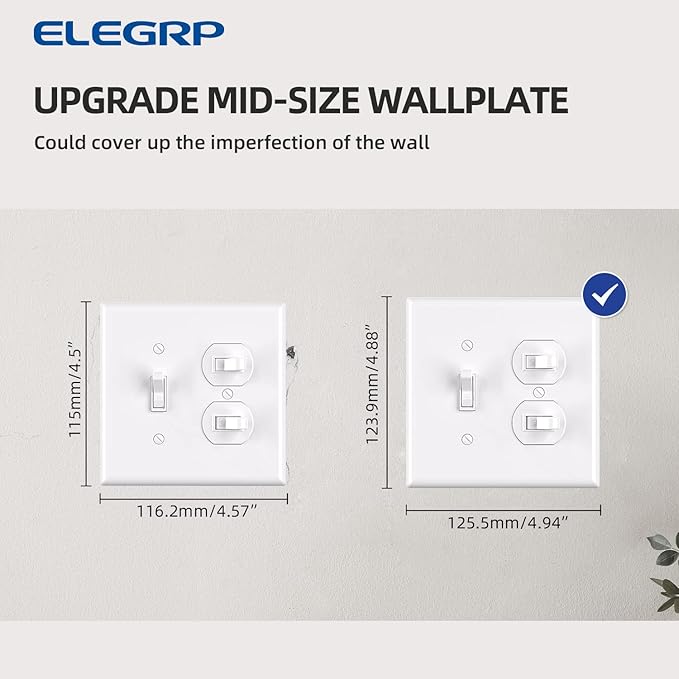 Combination Wall Plate ELEGRP 1-Toggle Light Switch 1-Duplex Receptacle Outlet Combination Wall Plate Cover, Mid-Size 4.88" x 4.94" Unbreakable Thermoplastic Faceplate Cover, UL Listed (1 Pack, white)