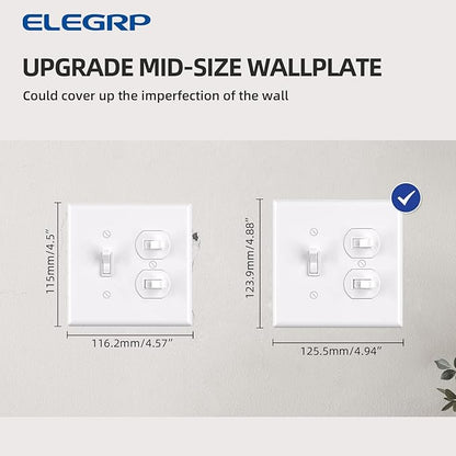 Combination Wall Plate ELEGRP 1-Toggle Light Switch 1-Duplex Receptacle Outlet Combination Wall Plate Cover, Mid-Size 4.88" x 4.94" Unbreakable Thermoplastic Faceplate Cover, UL Listed (2 Pack, white)