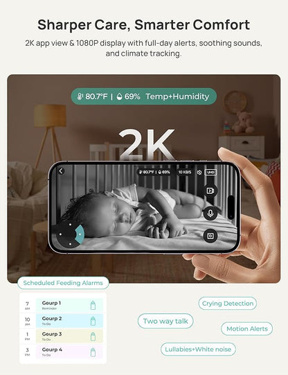 Dr.Care VistaView 5” Smart WiFi Baby Monitor - 2K Camera App Control & 1080P Split Screen, Cry & Motion Detection, Pan-Tilt-Zoom, Night Vision, Video Recording, Triple Security, 2-Way Audio, 5000mAh