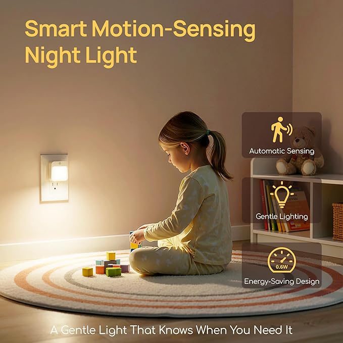Plug-in Night Light with Motion Sensor, Dusk-to-Dawn Light Sensor, Stepless Dimming LED Night Lights for Bedroom, Hallway, Bathroom, Kids Room, Energy Efficient, 4-Pack