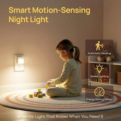 Plug-in Night Light with Motion Sensor, Dusk-to-Dawn Light Sensor, Stepless Dimming LED Night Lights for Bedroom, Hallway, Bathroom, Kids Room, Energy Efficient, 4-Pack