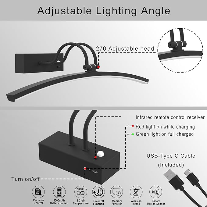 PAIHOME Lights for Pictures on Wall, Rechargeable Picture Light with Smart Motion Sensor, Remote Dimmable & Timer, ‌16in Wireless Black Art Lighting for Paintings Canvas, Gallery, Portraits