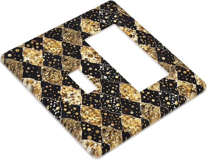 Gold Black Marble Geometric Plaid Glitter Outlet Covers 1 Toggle 1 Rocker Combination Light Switch Cover Plate Decorative Wall Plate Electrical Switch Plates for Bedroom Bathroom Decor