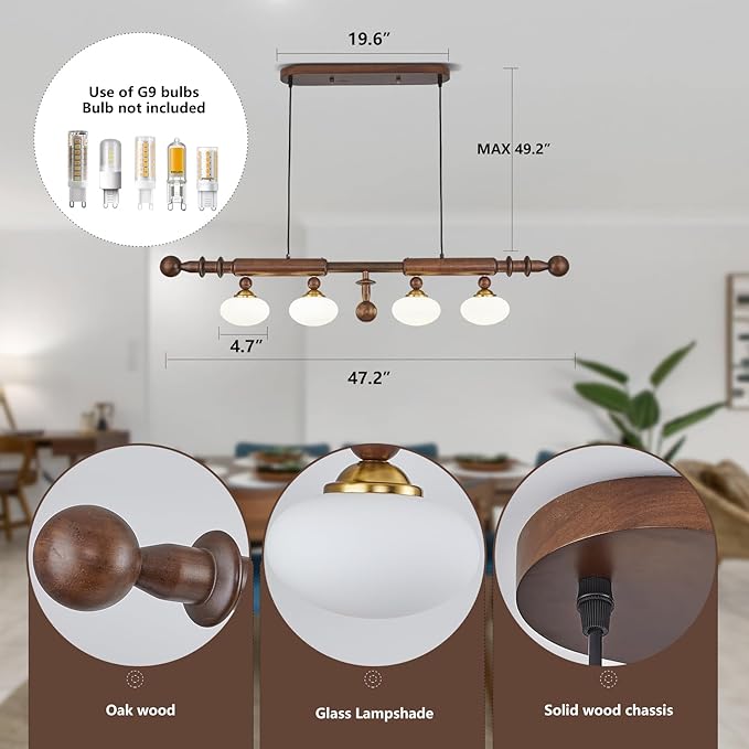 Wood and Globe Linear Chandelier Wooden Farmhouse Dining Room Light Fixture Rustic 4-Light Linear Kitchen Island Lighting Mid Century Modern Globe Hanging Pendant Light with Milk Glass Lampshade