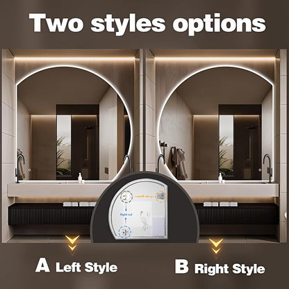 Niccy Half Moon LED Mirror for Bathroom, 28" Backlit + Front Lit Lighted Semi Round Makeup Mirrors for Wall, Anti-Fog, Dimmable 3-Colors, Memory Function, Shatterproof Smart Vanity Mirror