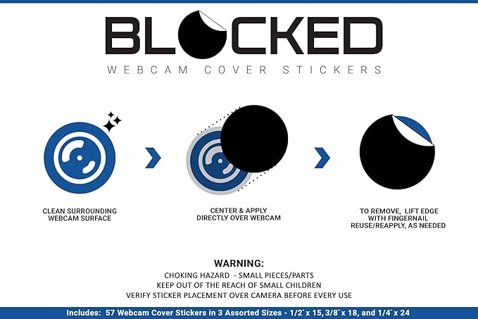 BLOCKED Stackable Webcam/Camera Vinyl Covers | 57 TabbedLow-Tack Restickable Webcam Sticker | Multiple Sizes | Black 57-Pack Tabbed (Ultra Glossy)
