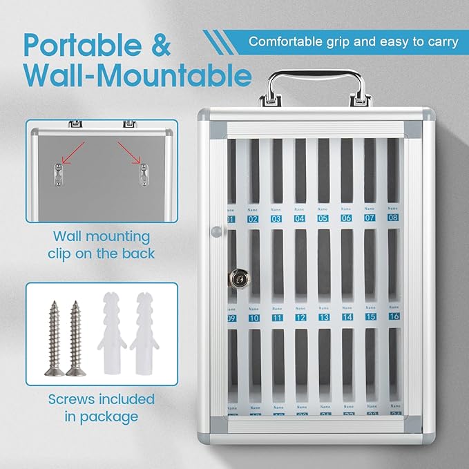 Glosen 24 Slots Cell Phone Locker, Portable Phone Storage Cabinet [Wall Mounted] [Aluminum Alloy] Cellphone Lock Box with Key & Handle for School Classroom Office Exam (Silver)