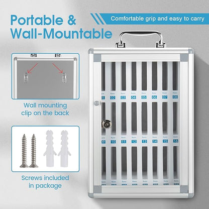 Glosen 24 Slots Cell Phone Locker, Portable Phone Storage Cabinet [Wall Mounted] [Aluminum Alloy] Cellphone Lock Box with Key & Handle for School Classroom Office Exam (Silver)