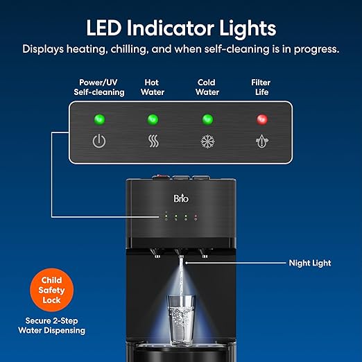 Brio Bottleless Water Cooler Dispenser w/ 4-Stage Filters (Included) removes PFAS & Microplastics for Clean Drinking Water, NSF Certified | 3 Temp (Hot, Room, Cold) w/Child Safety Lock & LED Display