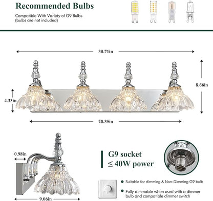 Vintage Bathroom Vanity Light, 4-Light Chrome Vanity Lighting Fixture with Flower Glass Shade, Bathroom Lighting Fixtures Over Mirror