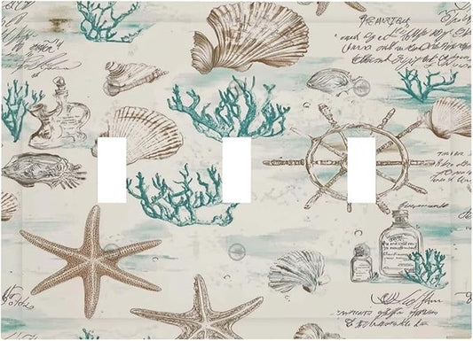Mid Century Seashells Starfish Compass Decorative Switch Plates 3 Gang Wall Plate Triple Toggle Light Switch Cover Faceplate Electrical Wall Panels For Nursery Kids Room Decor