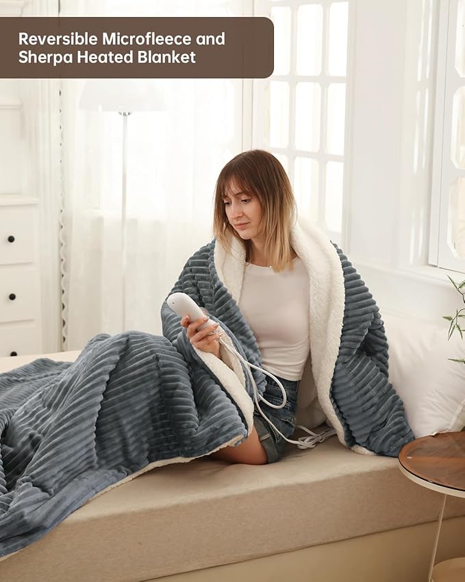 Electric Heated Blanket Throw Size, Washable Blanket Warmer for Home for Adults, Fast Heating Super Cozy Soft Flannel 50" x 60", 9 Heat Levels, 1-9H Auto-Off, ETL Certified, Silver