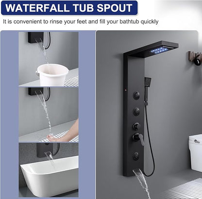 ROVATE LED Shower Panel Tower System with Rainfall Waterfall Shower, Matte Black Shower Panel with Jets and Rainfall and Handheld, 5 in 1 Stainless Steel Shower Tower High Pressure with Tub Spout