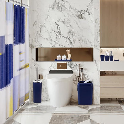 Blue Bathroom Accessories Set, Bathroom Sets with Shower Curtain, Navy Blue Bathroom Accessories with Trash Can, Soap Dispenser, Soap Dish, Toilet Brush Holder, Qtip Holders for Bathroom