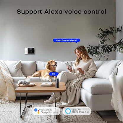 PGST 8 Pieces Smart Home Alarm System,Wireless Door Alarm Sensors,Motion Detector,Remote,4G SMS/Call/Tuya App Real-Time Alerts,Compatible with Alexa/Google for House,Villa,Apartment,Kids Safety