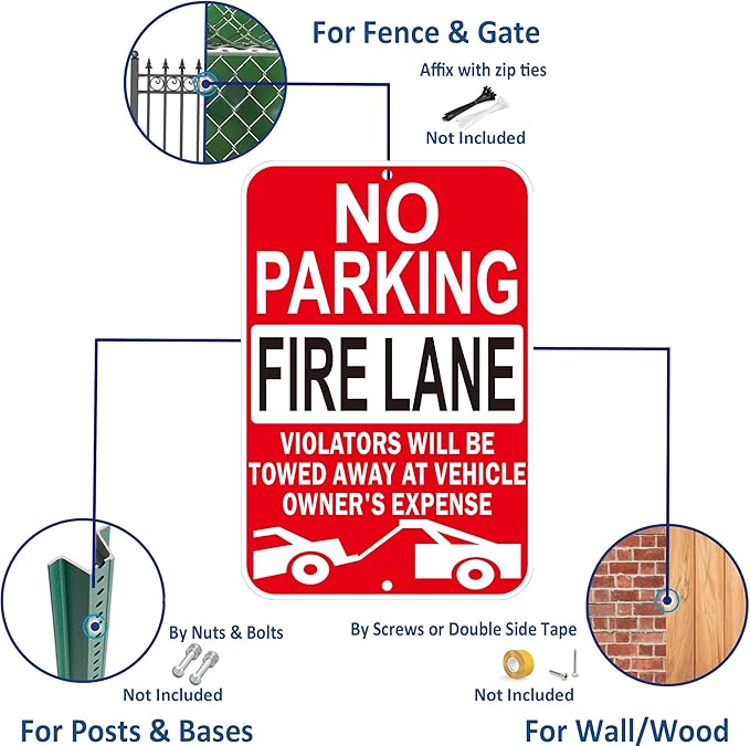 No Parking Fire Lane Signs, Red, Reflective Aluminum, 12 x 18 Inches, Weather Resistant, Wall Mount, 2 Pack