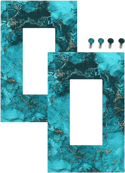 Decorative Outlet Covers Modern Abstract Turquoise Blue Marble Texture 1 Gang Rocker Light Switch Covers Single Decora GFCI Device Wall Plate for Bathroom Home Decor （2 Pack）