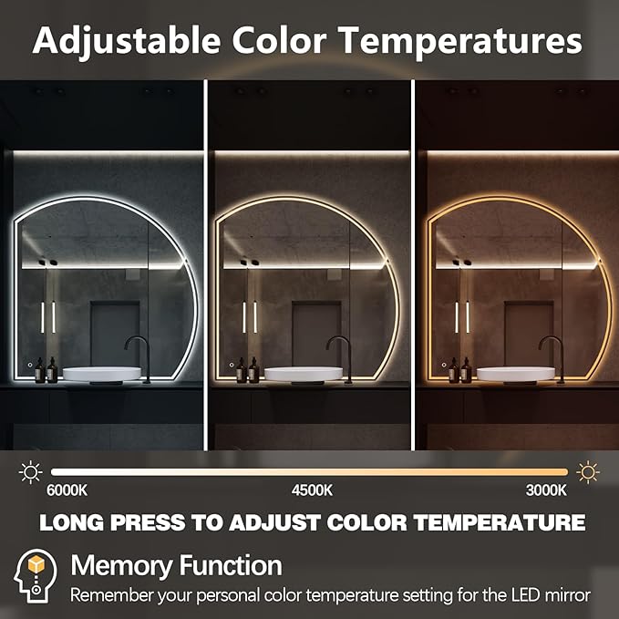 Niccy Half Moon Led Mirror for Bathroom, 48" Semi Round Backlit Mirror for Wall Lighted Mirror with Frameless 3 Color, Defogger, Explosion-Proof, HD Glass and IP65 Vanity Mirror