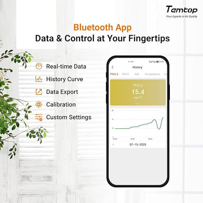 Temtop P2 Air Quality Monitor - CO2, PM2.5, PM10 Detector with Real-Time AQI, Temperature & Humidity Sensor, Bluetooth App for Home, Office, Car & Travel Use