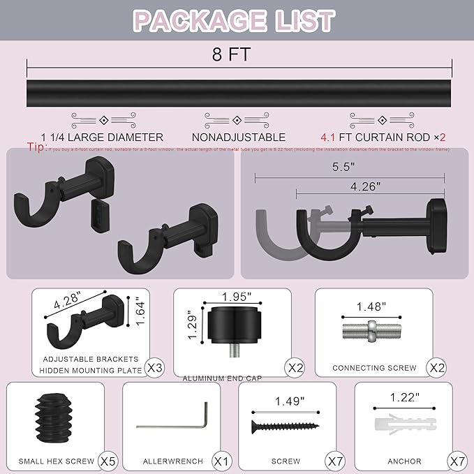 Heavy Duty Curtain Rods,1 1/4" Large Diameter Premium Nonadjustable Curtain Rod,96in/8ft Custom Window Treatment Rods with Durable Aluminum Brackets and End Caps,Black Finish