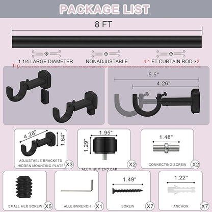 Heavy Duty Curtain Rods,1 1/4" Large Diameter Premium Nonadjustable Curtain Rod,96in/8ft Custom Window Treatment Rods with Durable Aluminum Brackets and End Caps,Black Finish