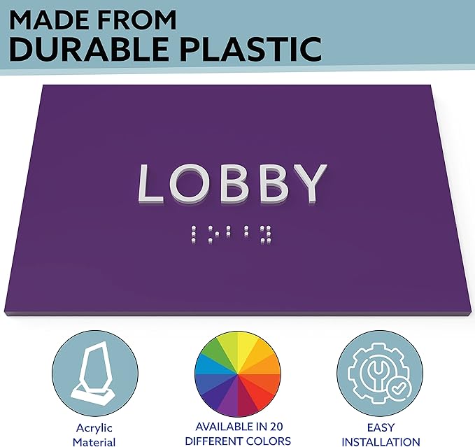 6" X4" Lobby Sign - Tactile Graphics Grade 2 Braille Text Reception Area Sign| Utility ADA Compliant Wall Mount Plastic Signs For Hospital, Offices, Businesses & Apartments