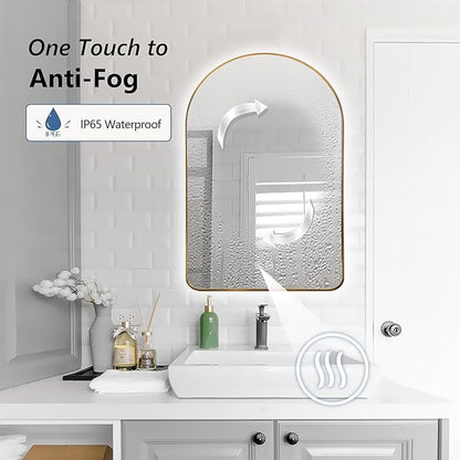 Niccy Arched LED Lighted Bathroom Mirror, 48x30 Inch Backlit Vanity Bathroom Mirror with Lights Brushed Gold Framed Wall Mounted Mirrors with 3 Color Shatterproof Arch Smart Fog Free Mirror
