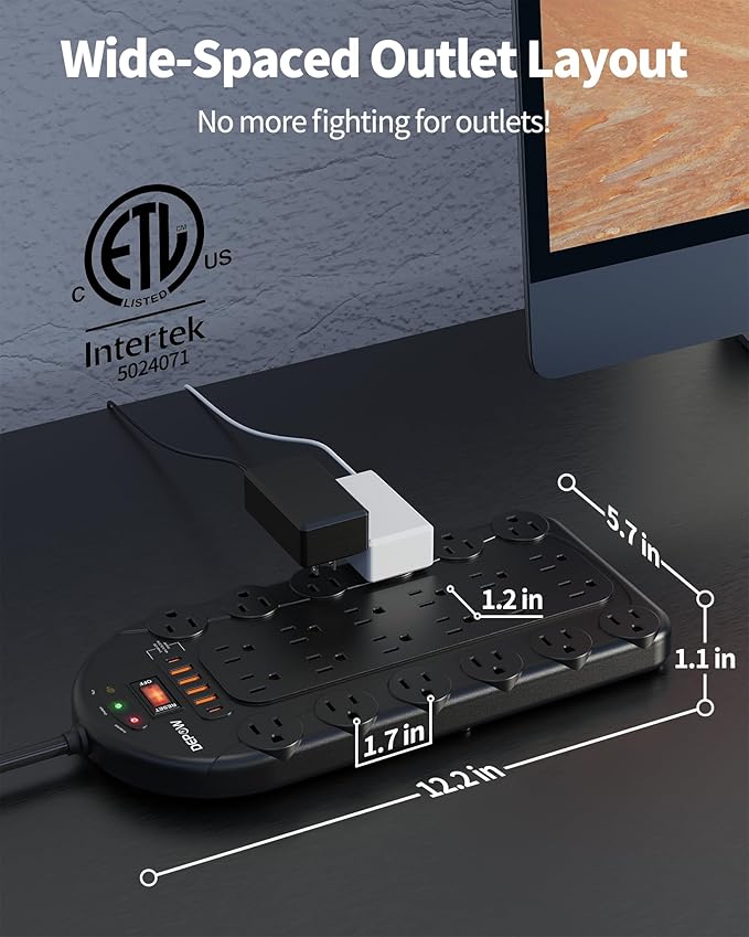 Power Strip, 24 AC Outlets (1875W/15A) with 6 USBs (2 USB-C Ports), ETL Listed, Surge Protector (3,400 Joules), 8 Ft Heavy Duty Flat Plug Extension Cord, Wall Mountable for Home, Office, Black