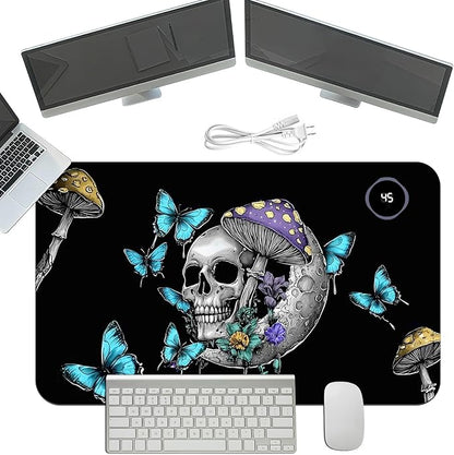 Heated Mouse Pad with 3 Temperature Settings(104°F–122°F),Large 24x14.2 Inch PU Leather Heated Desk Mat,Waterproof Warming Pad for Office,Gaming & Cold Hands Relief,Skeleton Moon Mushroom