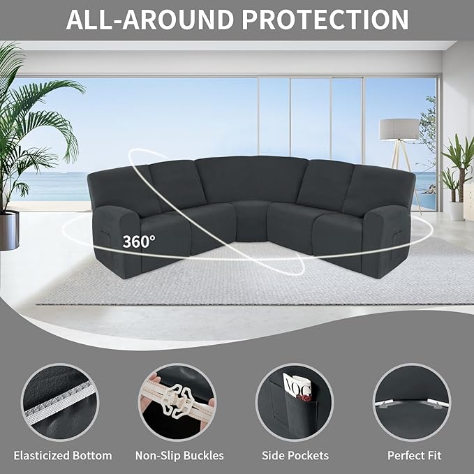 Easy-Going 100% Waterproof Recliner Cover, Stretch Couch Covers for Reclining Couches, Extra Large Sectional Sofa Slipcover, L-Shape Furniture Protector for Kids & Pets, 5 Seater, Dark Gray