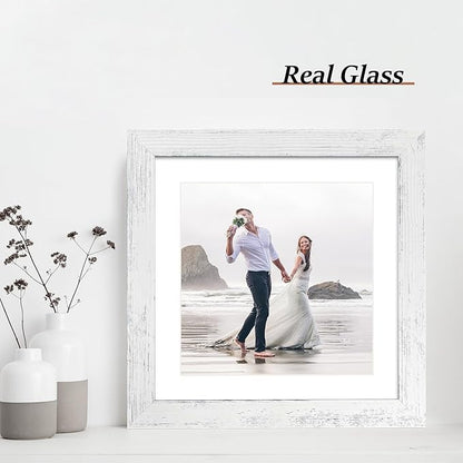iRahmen 10x10 Picture Frame Set of 4 with Real Glass, Distressed White Frame Display 8x8 Pictures with Mat or 10 x 10 Without Mat, Wood Square Photo Frame for Wall Mount and Tabletop Display