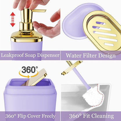 Bathroom Set - Purple and Gold Bathroom Accessories, Bathroom Sets with Shower Curtain and Rugs, Purple Shower Curtain Set with Bathroom Trash Can, Soap Dispenser, Soap Dish for Home Decor