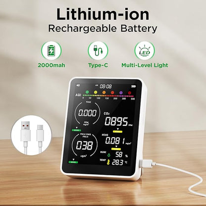 Air Quality Monitor Indoor,13-in-1 Smart Air Quality Tester with PM 2.5, CO2, TVOC, HCHO, PM1, AQI, PM10, Temperature & Humidity, Real Time Display, Battery Powered, for Home & Office (Ice White)