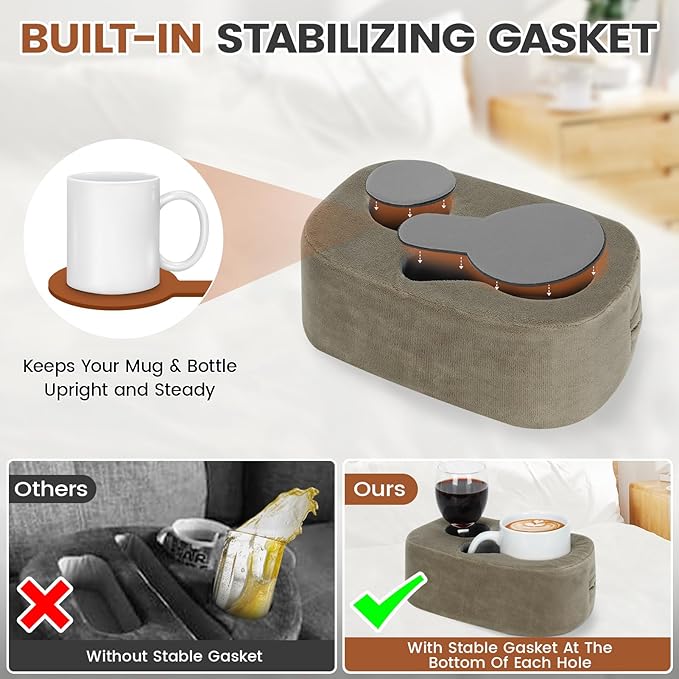 G GOOD GAIN Couch Cup Holder Pillow - Sofa & Bed Organizer Caddy for Drinks, Phones, Remotes, Snacks | Portable Tray for Car, Boat, RV, Picnic,Lightbrown