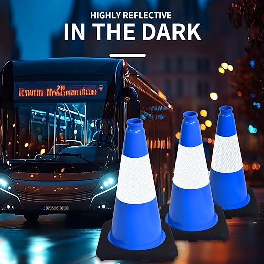 BESEA 6Pack 12 Inch Blue Traffic Cones with 4 Inch Reflective Collar, Heavy Duty PVC Safety Cones with 8.5 x 8.5 Inch Base for Parking, Driving Practice, Sports Training, and Construction