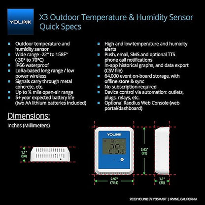YoLink X3 Temperature & Humidity Data Logger, Hygrometer, Thermometer, 1/4 Mile Range, 5 Years Battery Life, Emails/Text/App Alerts. Pet Cage, Freezer, Greenhouse. 4G LTE Cellular Hub Included